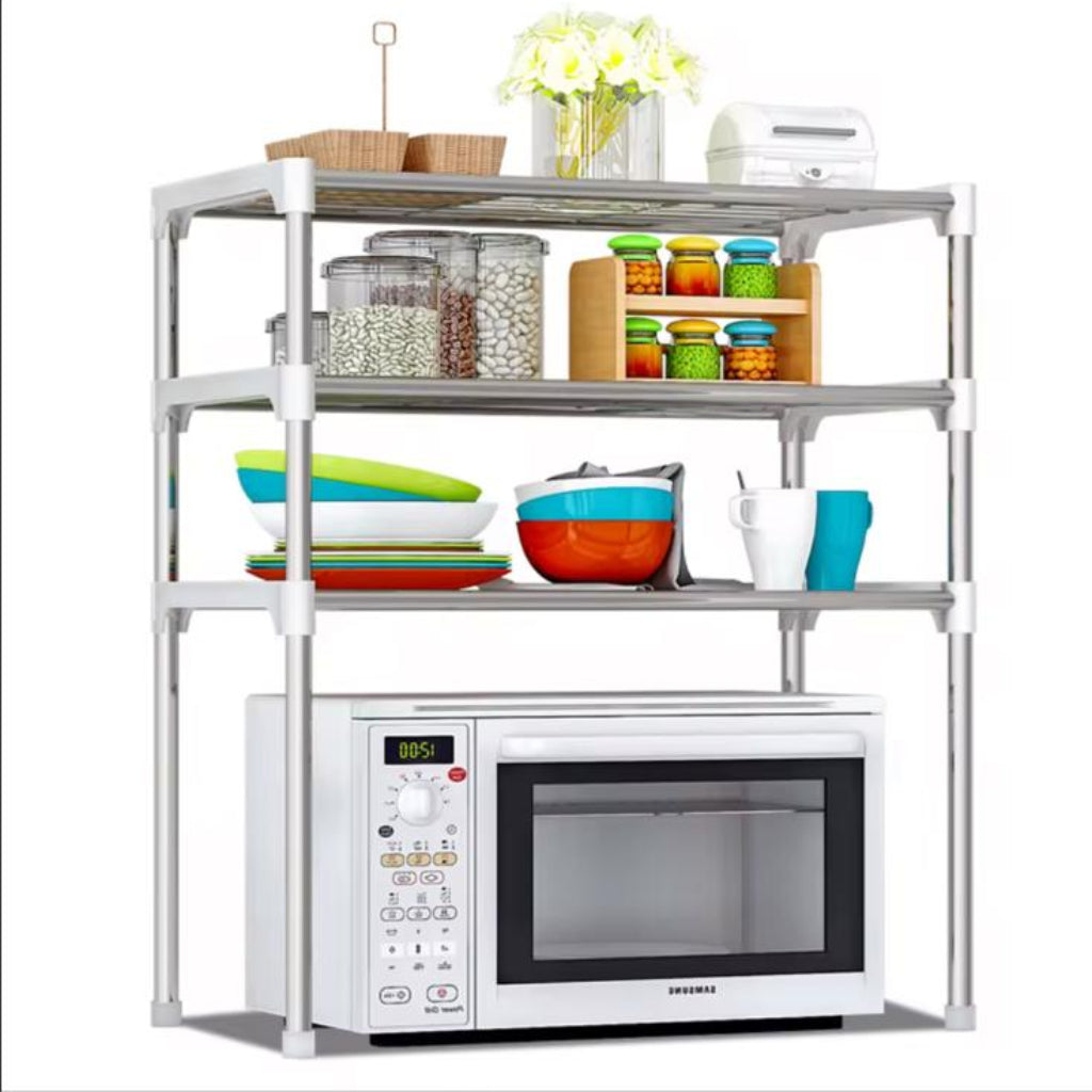 Multi-Functional Microwave Oven Rack – Stainless Steel Kitchen Storage Shelf Organizer