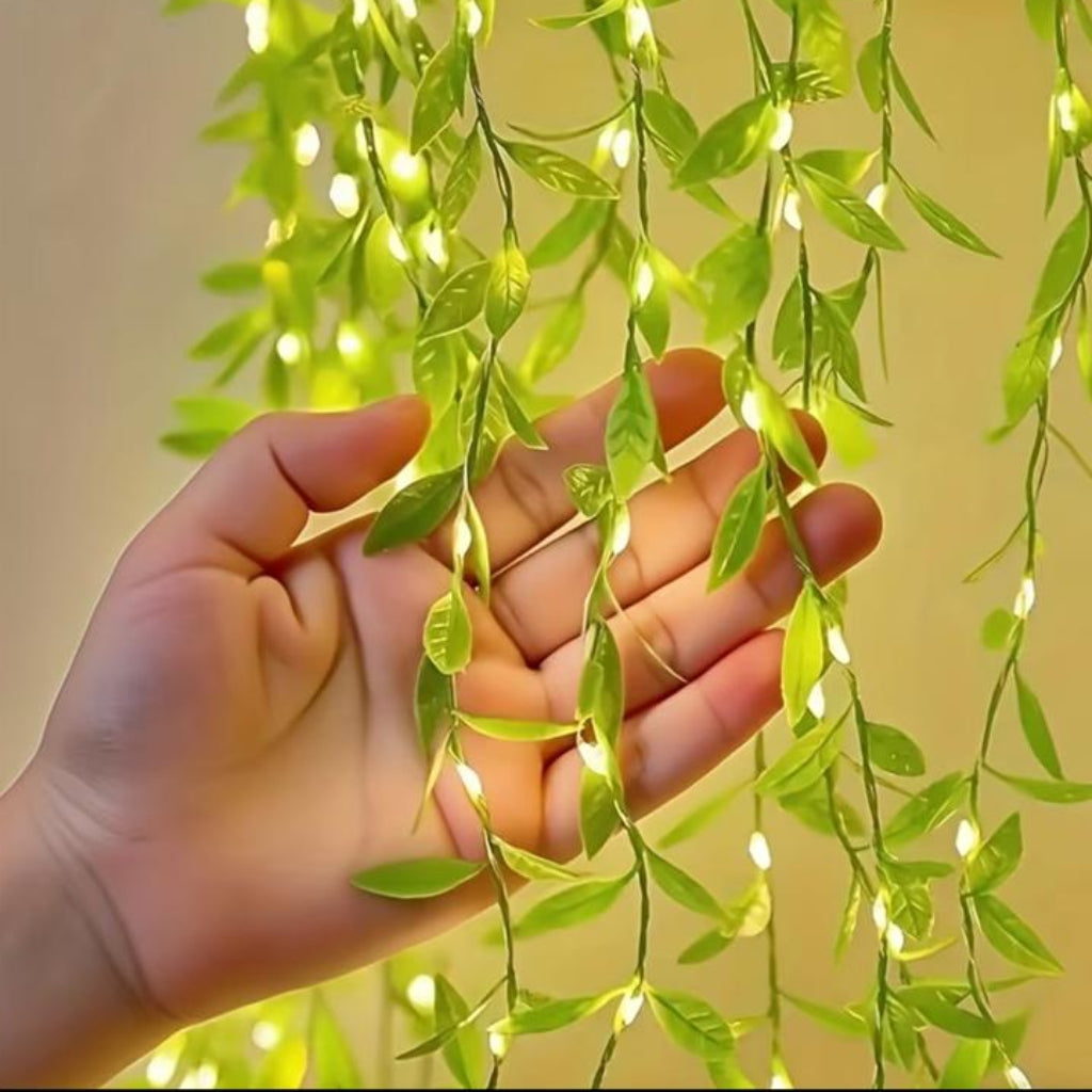 LED Willow Vine Fairy Light String with Green Leaves – 2 Pin Plug Decorative Light