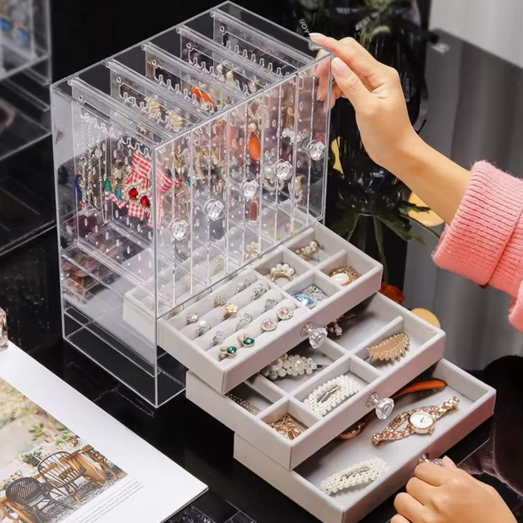 Acrylic Jewelry Organizer with Drawers & Necklace Cabinet – Multi-Compartment Storage Box