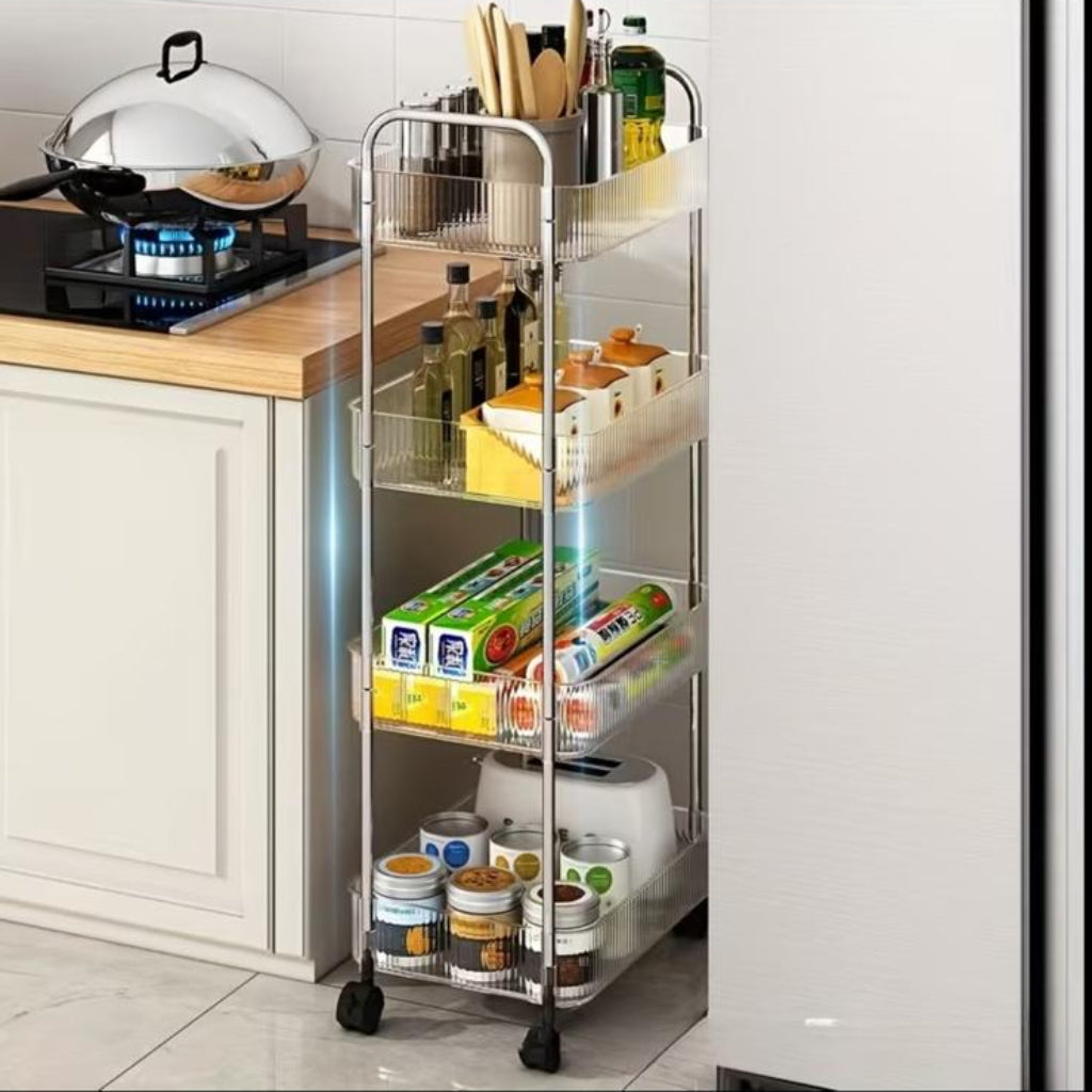 4-Layer Acrylic Storage Cart with 360° Rolling Casters – Transparent Multi-Purpose Organizer for Kitchen, Bathroom, Bedroom