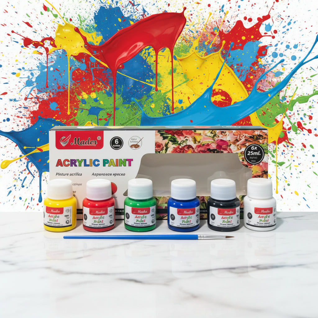 6 Colors Acrylic Paint Set – 25ml Art Paint Kit with Brush for Canvas, Wood & Crafts