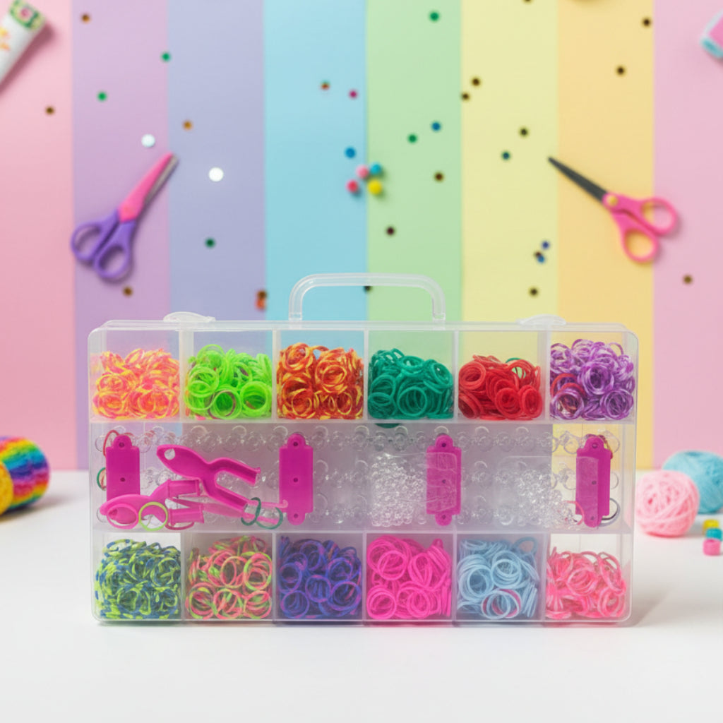 DIY Rainbow Loom Band Bracelet Kit – Colorful Rubber Band Accessory Case with Loom & Charms