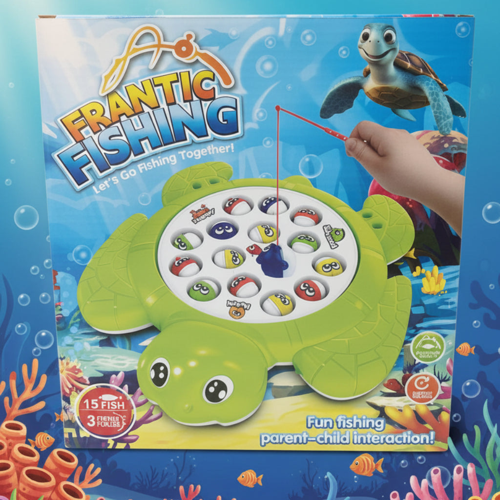 Frantic Fishing: Turtle-Shaped Rotating Fishing Board Game with 15 Pieces & 3 Fishing Rods