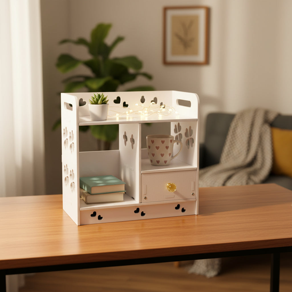 Multi Functional Storage Cabinet Set – 3-in-1 Compact Desktop Organizer with Partition Storage, Large Drawer, Pen & Phone Holder