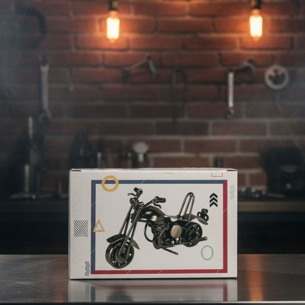 Vintage Metal Motorcycle Model – Handmade Iron Chopper Bike Sculpture, Retro Desktop Ornament