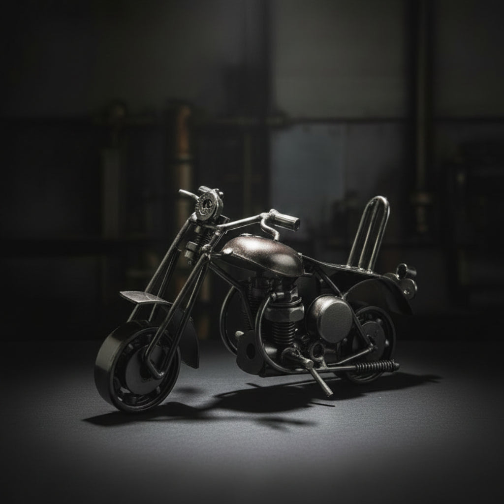 Vintage Metal Motorcycle Model – Handmade Iron Chopper Bike Sculpture, Retro Desktop Ornament