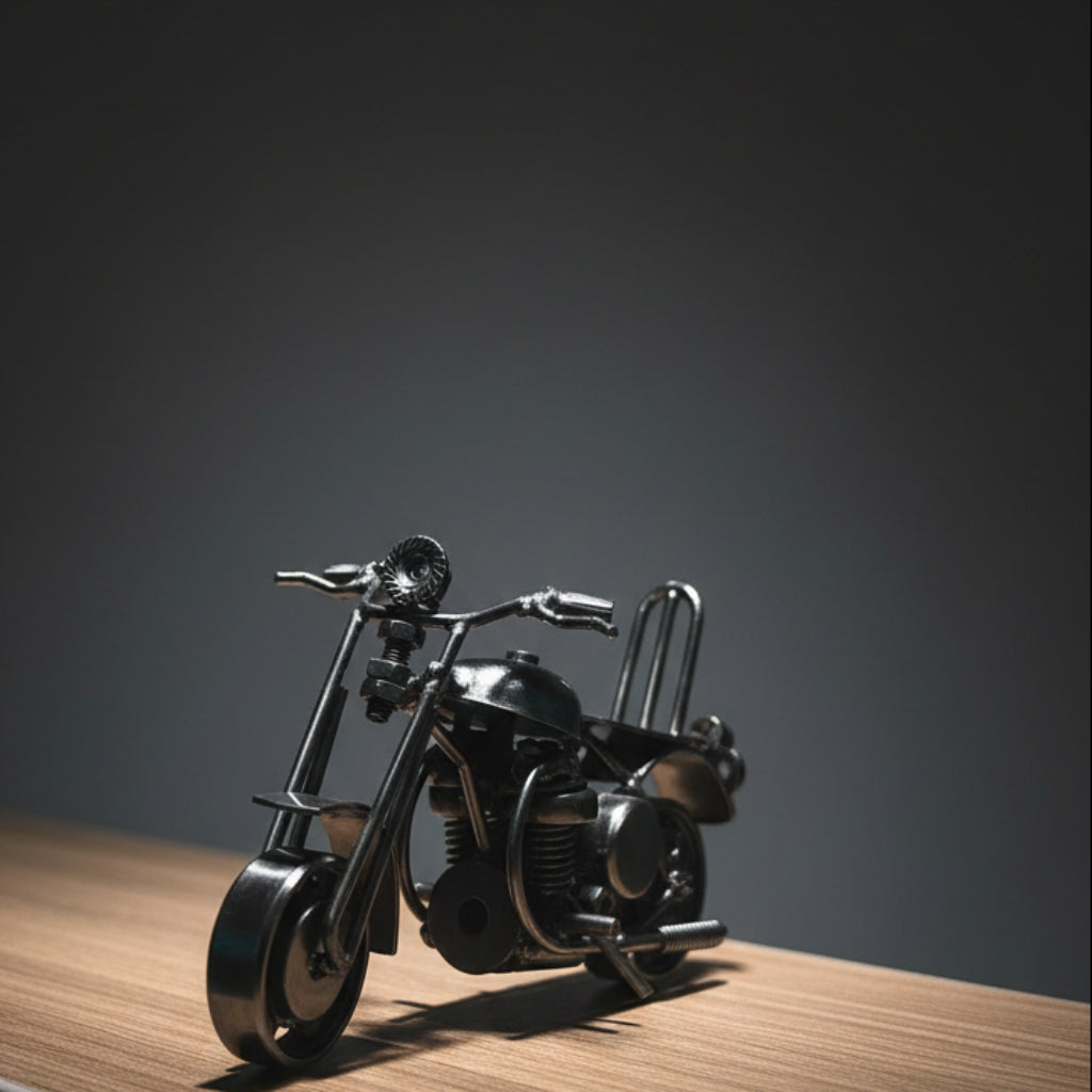 Vintage Metal Motorcycle Model – Handmade Iron Chopper Bike Sculpture, Retro Desktop Ornament