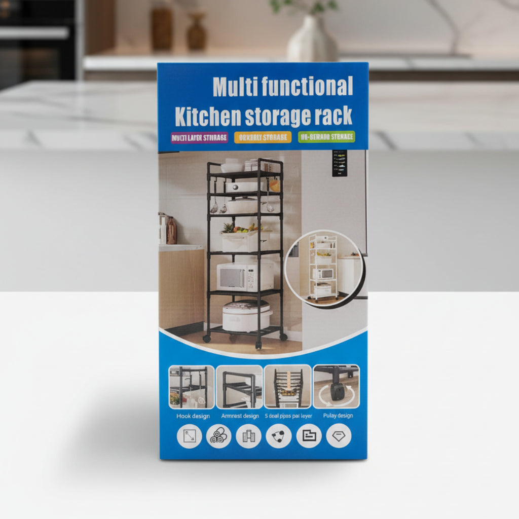 6-Layer Multi-Functional Storage Rack with Wheels – Movable Standing Shelf for Kitchen & Bathroom Organization