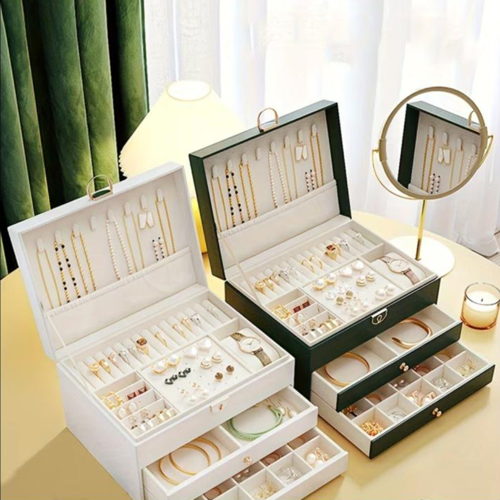 3-Tier Lockable Jewelry & Cosmetics Storage Box – Faux Leather Organizer for Accessories and Makeup