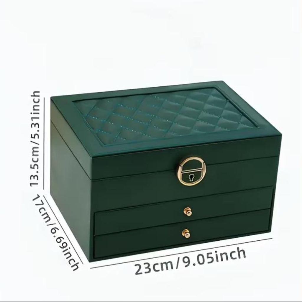 3-Tier Lockable Jewelry & Cosmetics Storage Box – Faux Leather Organizer for Accessories and Makeup