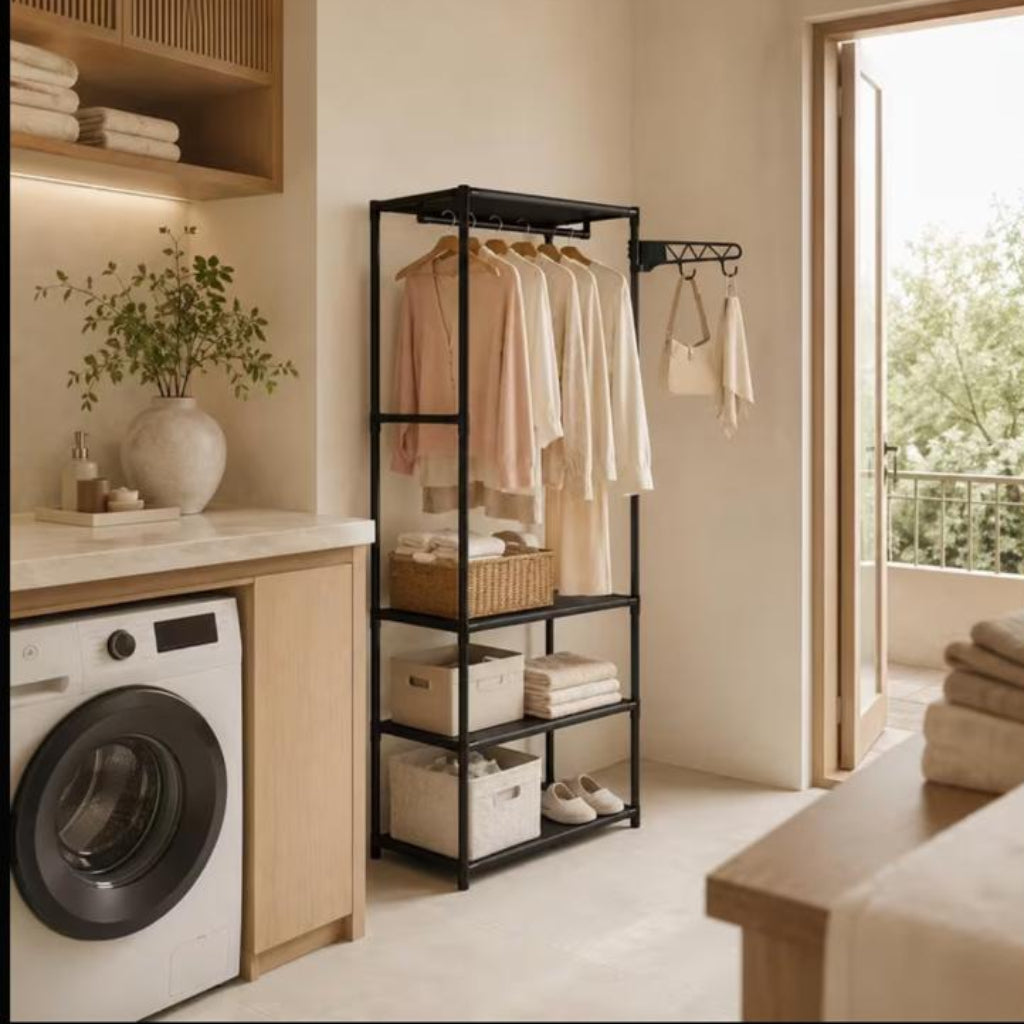 Coat Rack with Multi-Layer Storage & Wheels – Mobile Bedroom Organizer