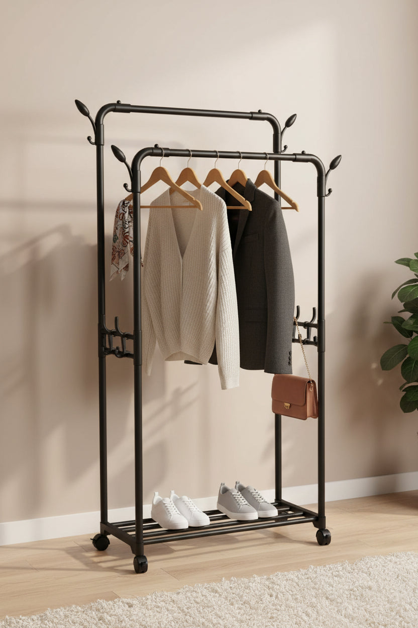 Double-Rod Clothes Rack with Wheels – Mobile Garment Organizer for Bedroom