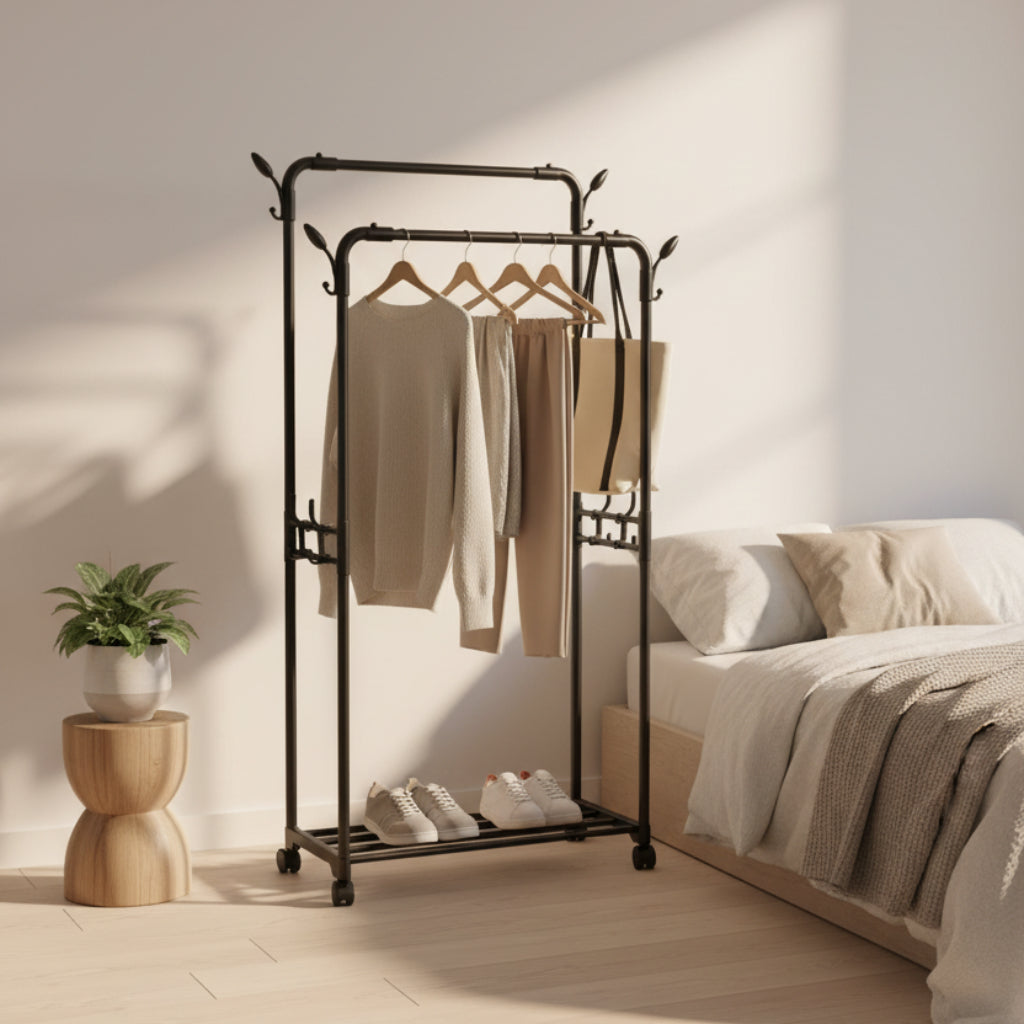 Double-Rod Clothes Rack with Wheels – Mobile Garment Organizer for Bedroom
