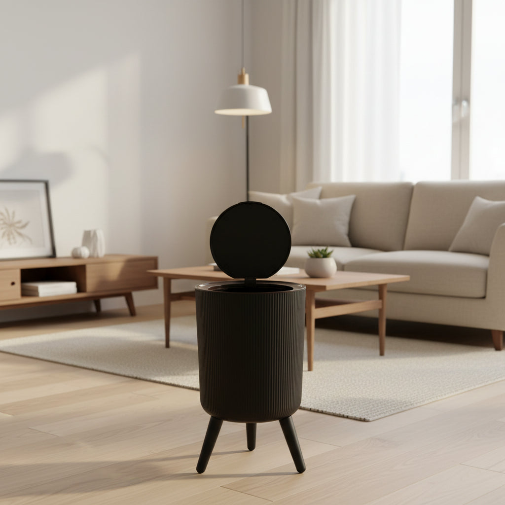 Black Trash Bin with Lid – Desktop & Bathroom Waste Container