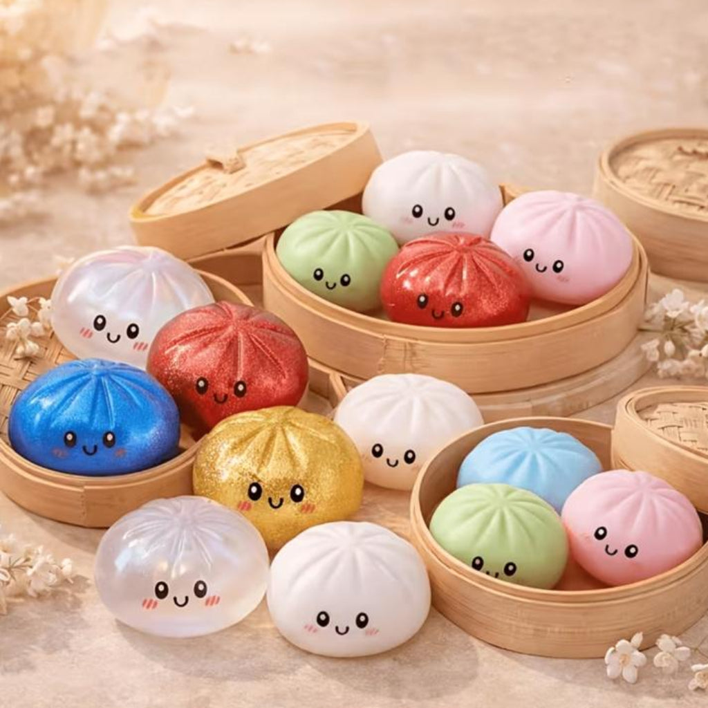 Cute Dumpling Squishy Fidget Toys with Steamer Baskets – Glittery Mini Stress Relief Sensory Toys for Kids and Adults (Multi-Color Pack)