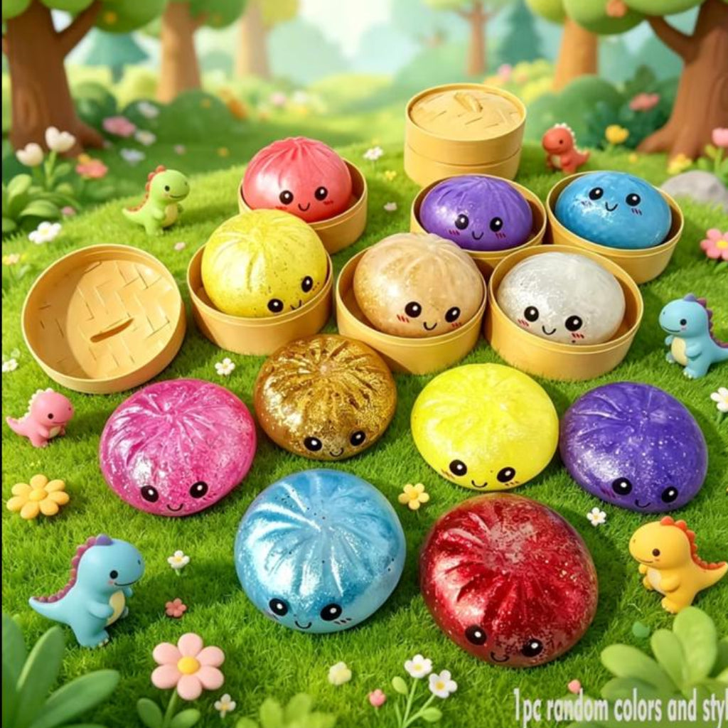 Cute Dumpling Squishy Fidget Toys with Steamer Baskets – Glittery Mini Stress Relief Sensory Toys for Kids and Adults (Multi-Color Pack)