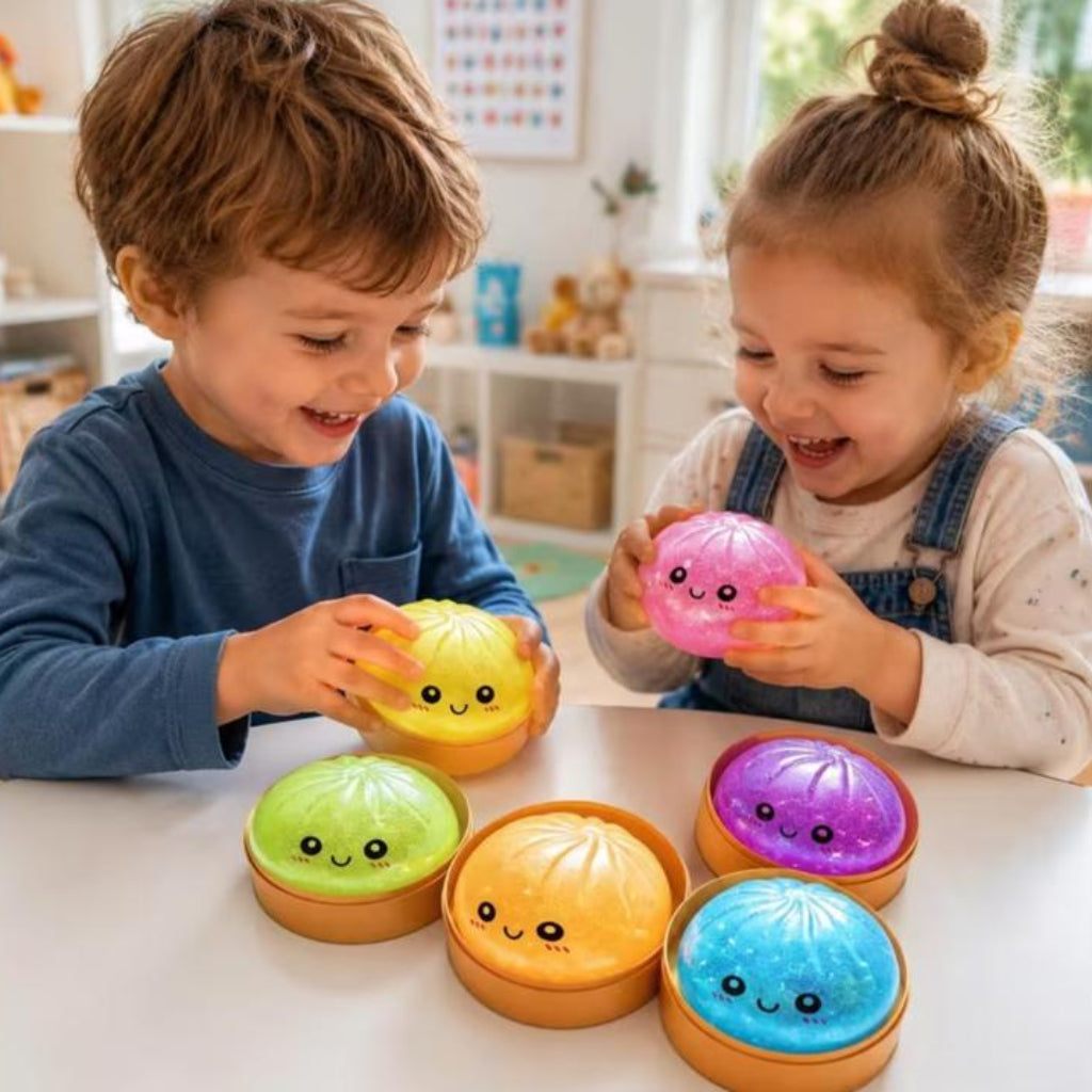 Cute Dumpling Squishy Fidget Toys with Steamer Baskets – Glittery Mini Stress Relief Sensory Toys for Kids and Adults (Multi-Color Pack)