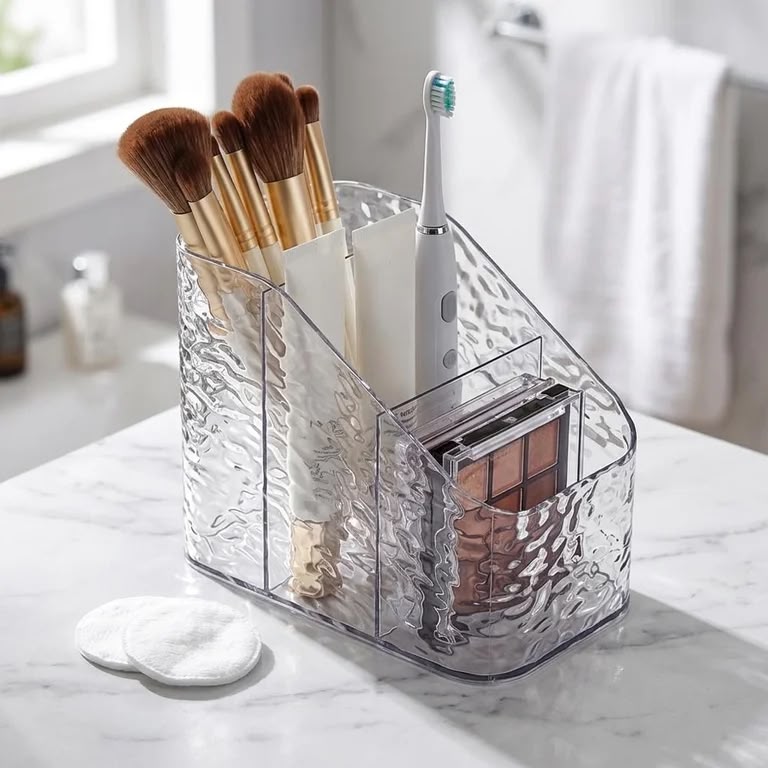 Clear Acrylic Makeup Organizer with Glacier Rippled Texture – 3-Compartment Cosmetic Storage Box