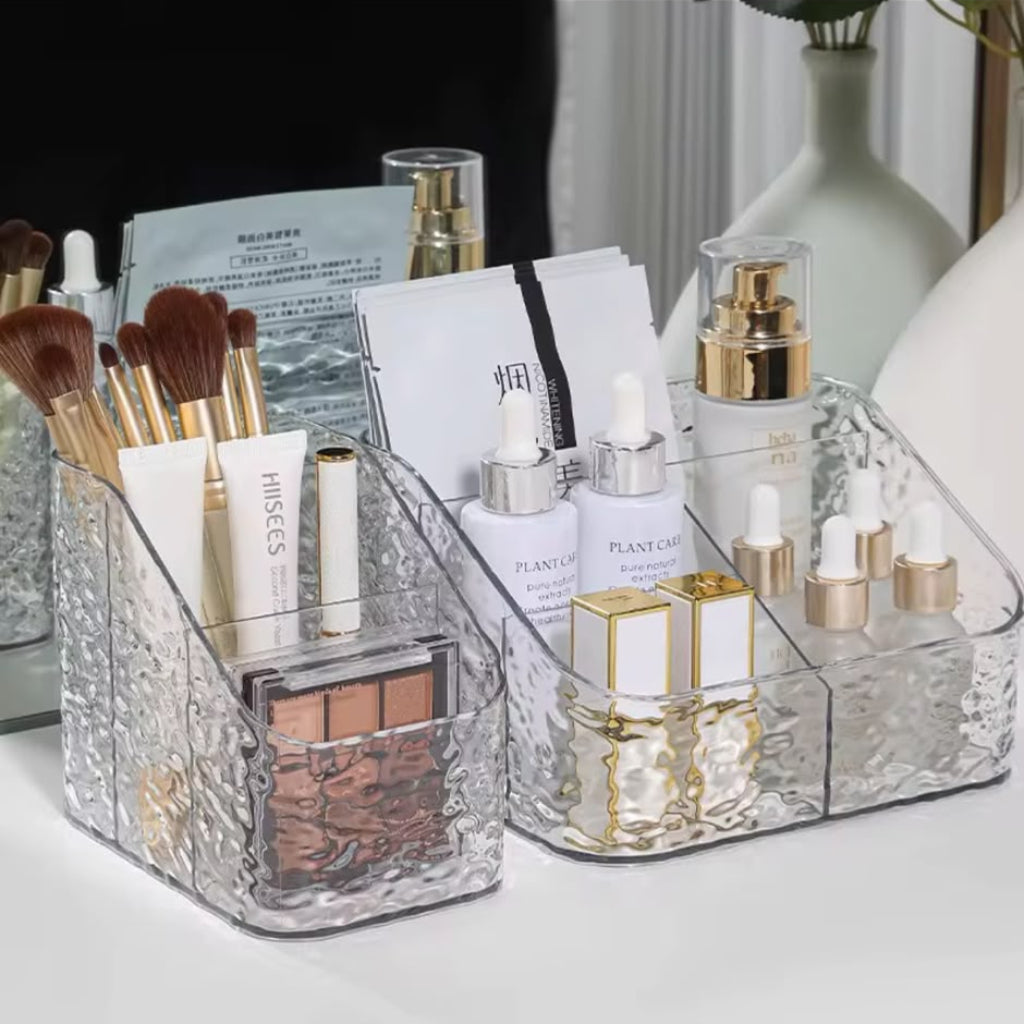 Clear Acrylic Makeup Organizer with Glacier Rippled Texture – 3-Compartment Cosmetic Storage Box