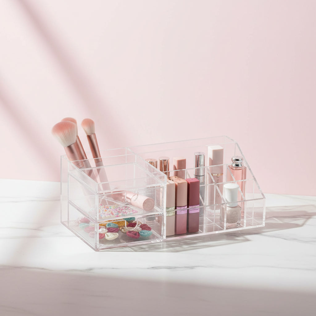 Clear Acrylic Makeup Organizer with Pull-Out Drawer – Multi-Grid Cosmetic Storage Box