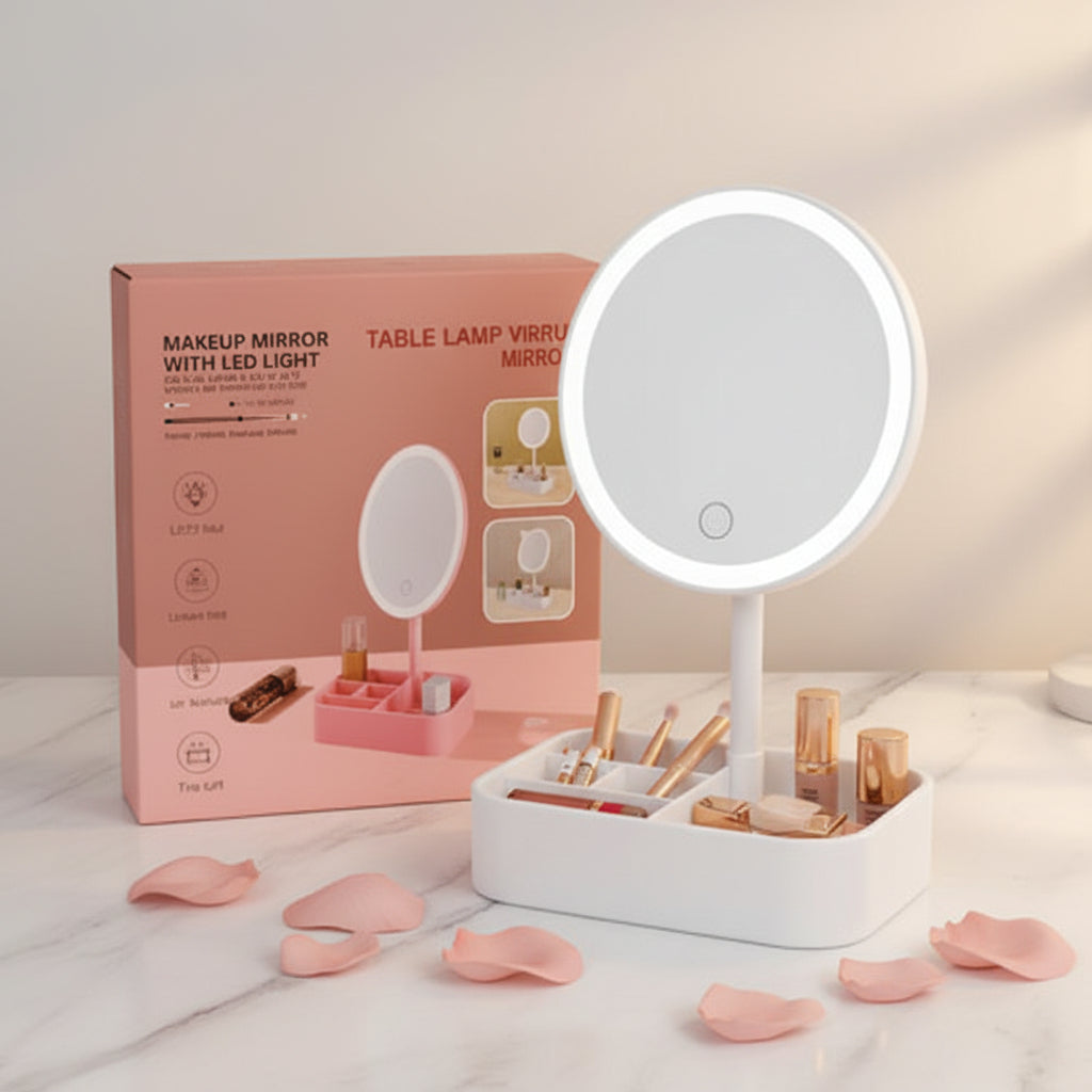 LED Tabletop Vanity Makeup Mirror with Storage Tray – Touch Control, Adjustable Angle & Desktop Organizer