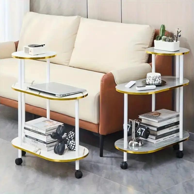 3-Tier Luxury Rolling Side Table – Bold Frame with Thick Wooden Shelves, Gold Trim & Storage Rack