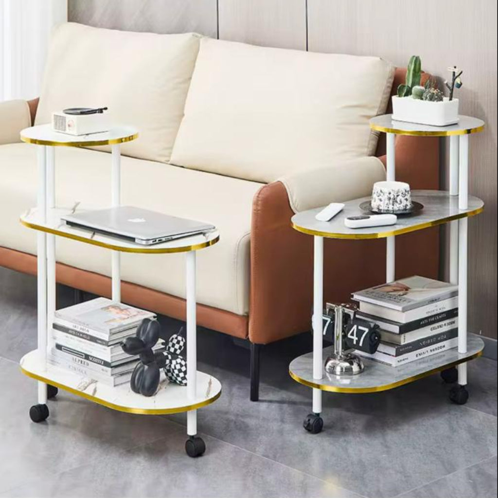 3-Tier Luxury Rolling Side Table – Bold Frame with Thick Wooden Shelves, Gold Trim & Storage Rack