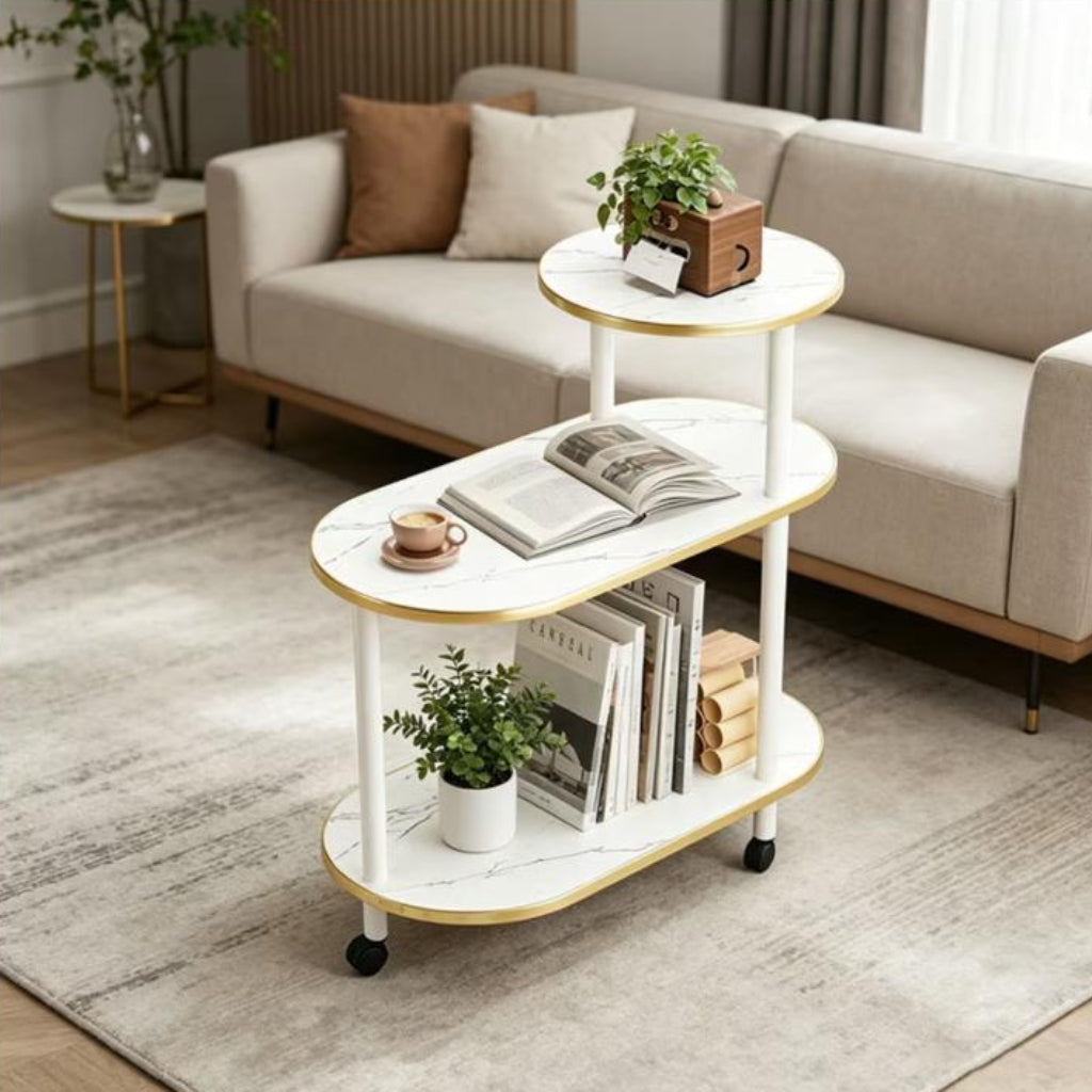 3-Tier Luxury Rolling Side Table – Bold Frame with Thick Wooden Shelves, Gold Trim & Storage Rack