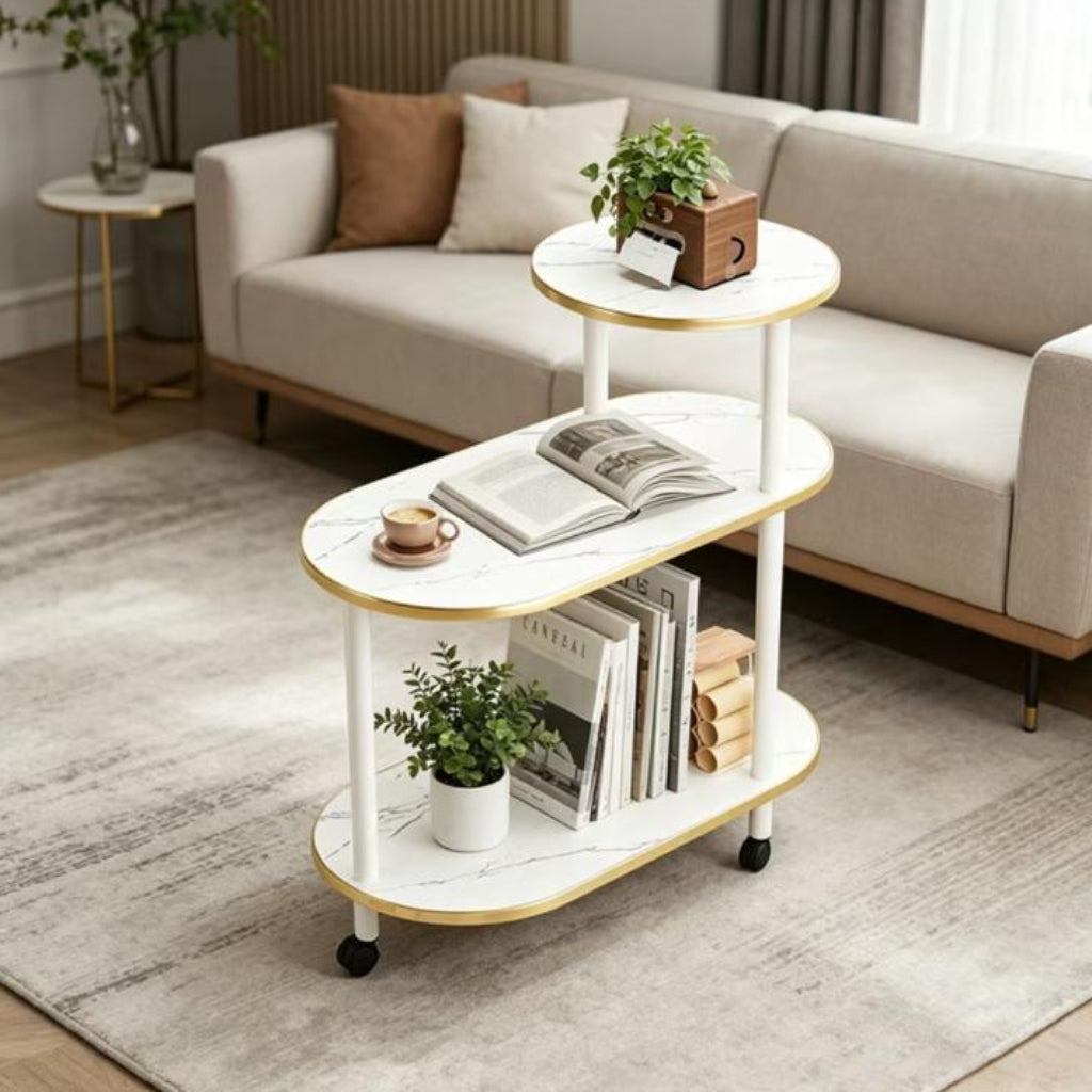 3-Tier Luxury Rolling Side Table – Bold Frame with Thick Wooden Shelves, Gold Trim & Storage Rack