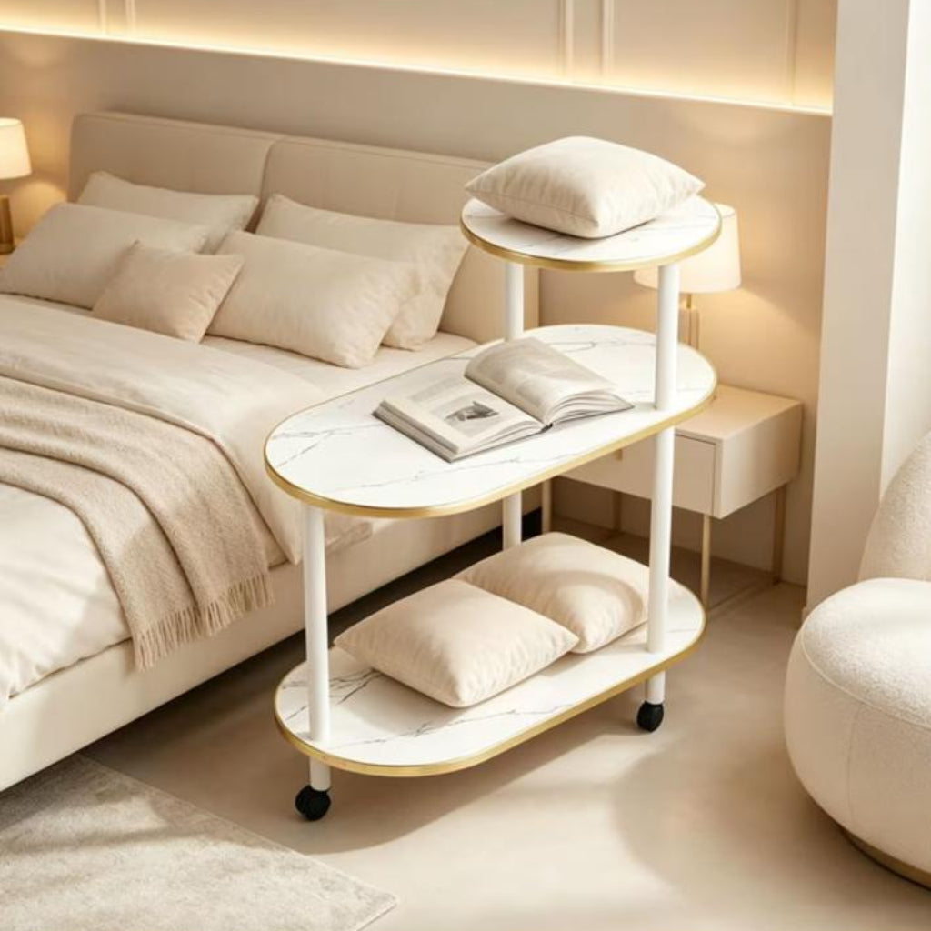 3-Tier Luxury Rolling Side Table – Bold Frame with Thick Wooden Shelves, Gold Trim & Storage Rack