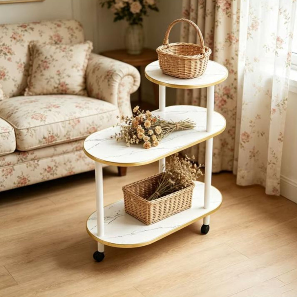 3-Tier Luxury Rolling Side Table – Bold Frame with Thick Wooden Shelves, Gold Trim & Storage Rack