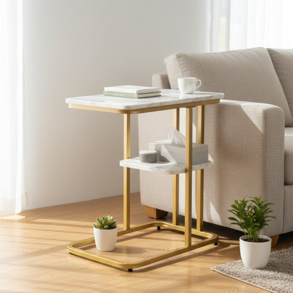 Elegant Faux Wooden & Gold C-Shaped Side Table – Modern Sofa End Table for Living Room & Bedroom