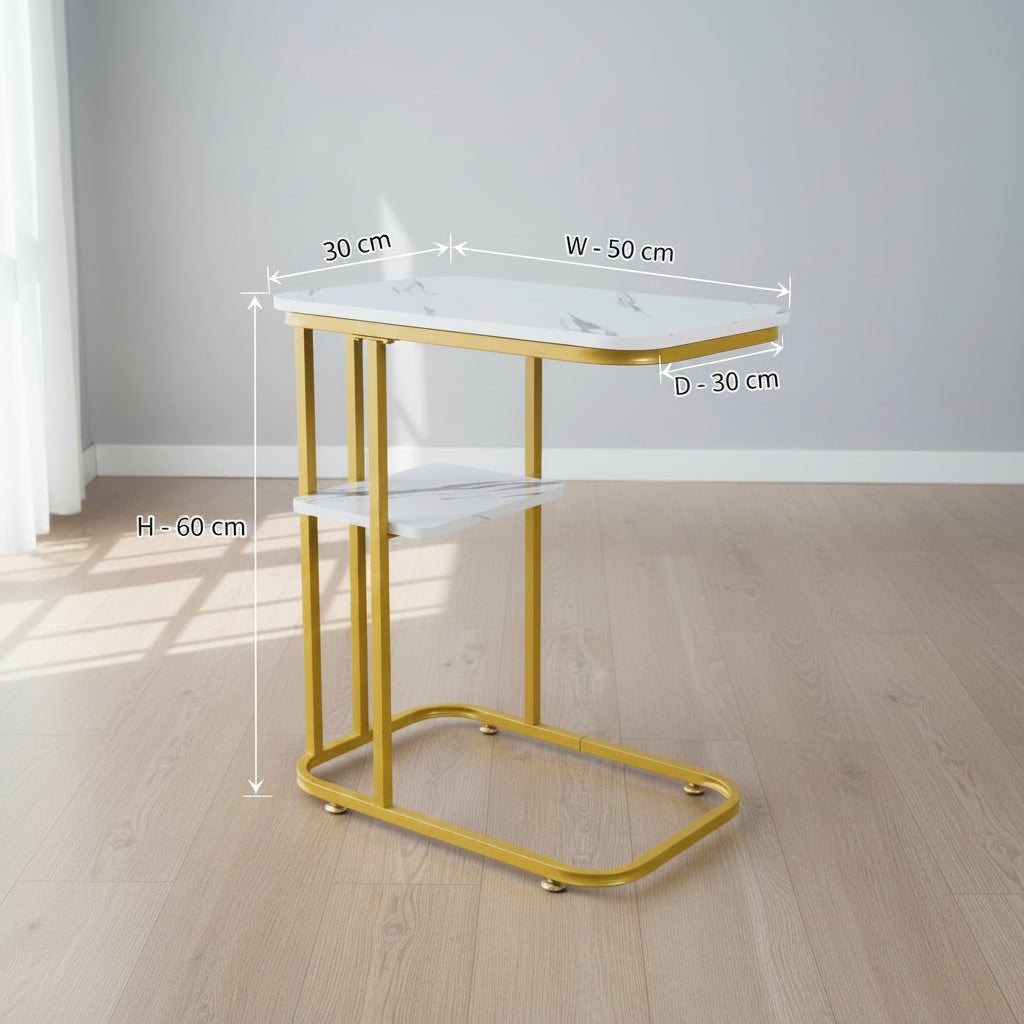 Elegant Faux Wooden & Gold C-Shaped Side Table – Modern Sofa End Table for Living Room & Bedroom