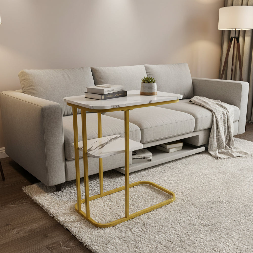 Elegant Faux Wooden & Gold C-Shaped Side Table – Modern Sofa End Table for Living Room & Bedroom