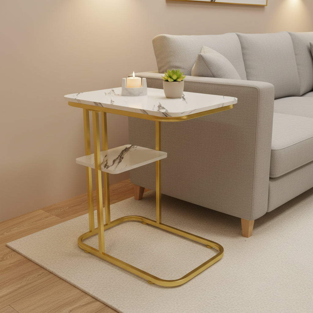 Elegant Faux Wooden & Gold C-Shaped Side Table – Modern Sofa End Table for Living Room & Bedroom