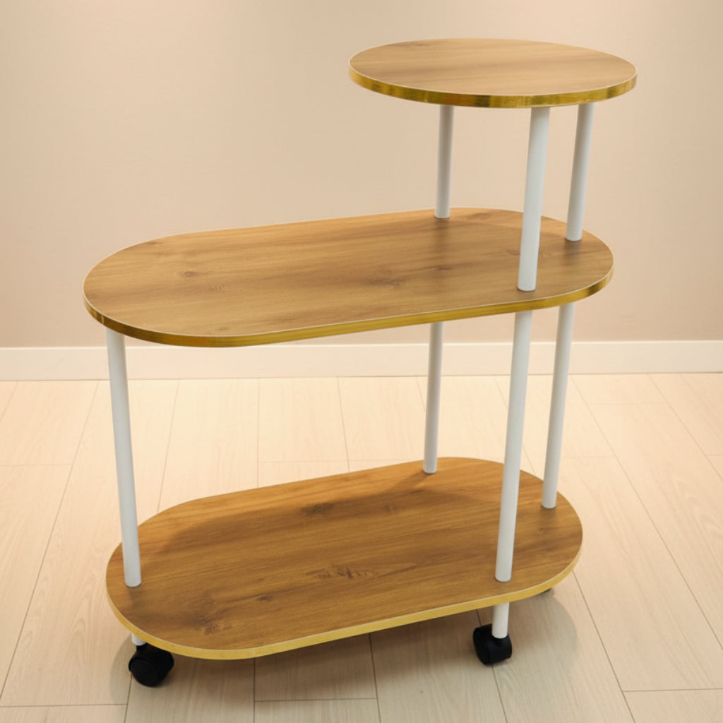 Wooden 3-Tier Side Table with Wheels – Gold Finish