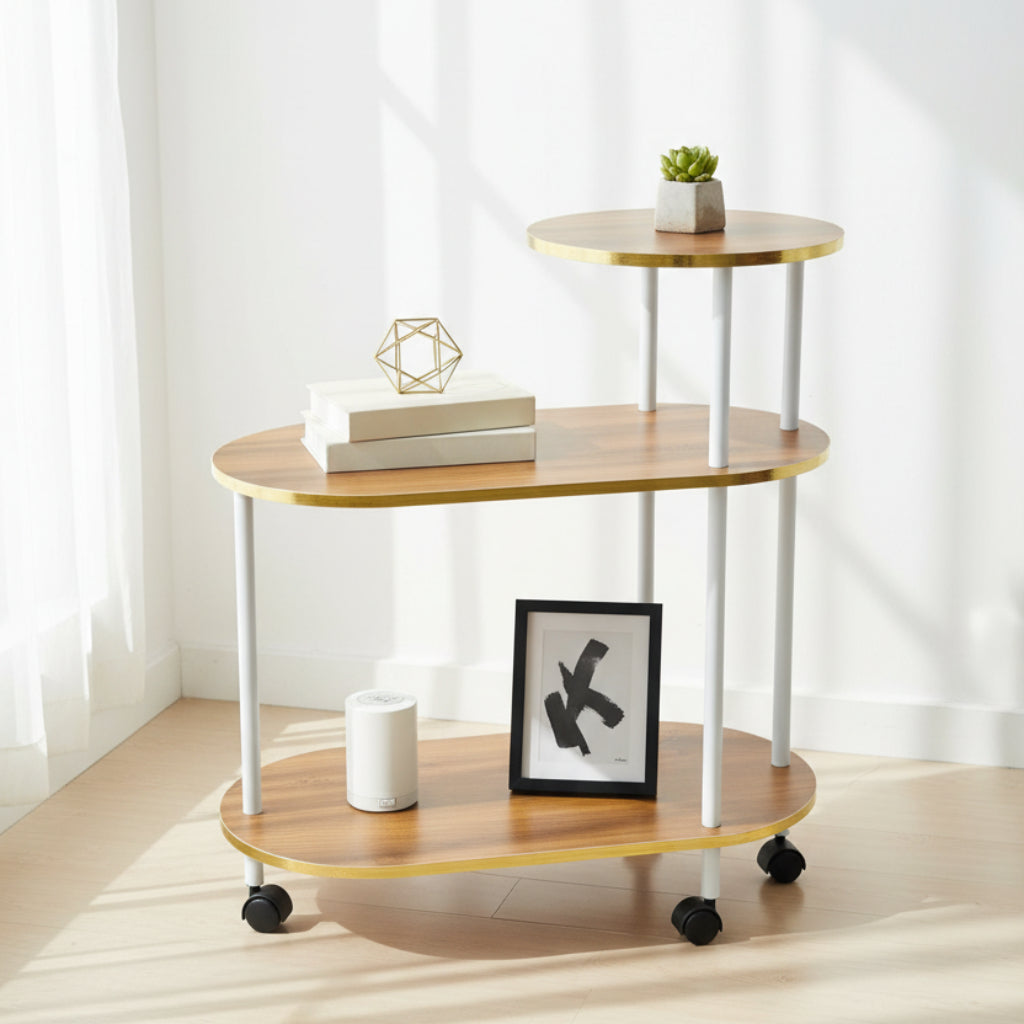 Wooden 3-Tier Side Table with Wheels – Gold Finish