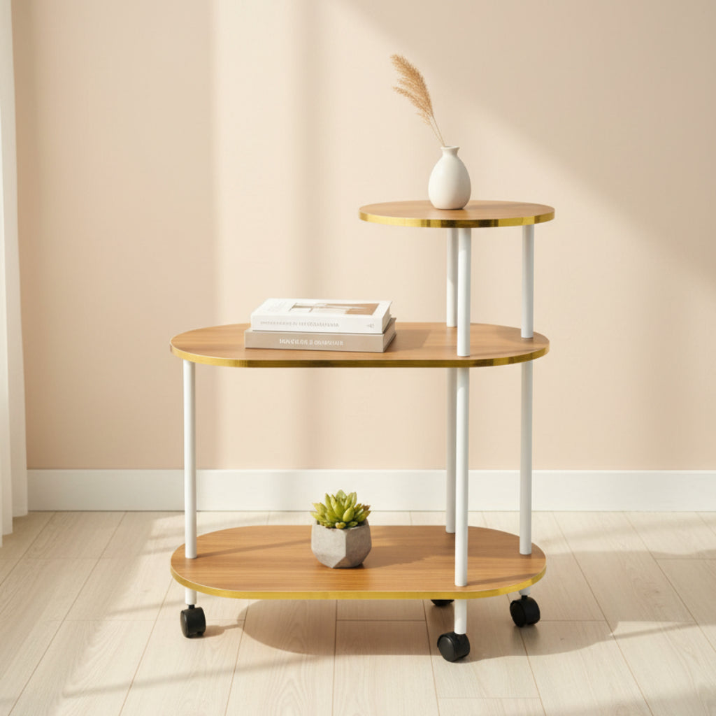Wooden 3-Tier Side Table with Wheels – Gold Finish