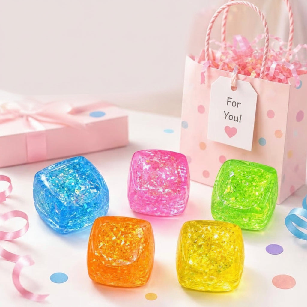 Glitter Stress Relief Squeeze Cube – Soft Sensory Fidget Toy for Kids & Adults
