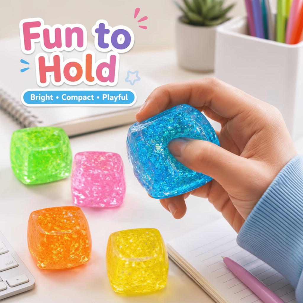 Glitter Stress Relief Squeeze Cube – Soft Sensory Fidget Toy for Kids & Adults