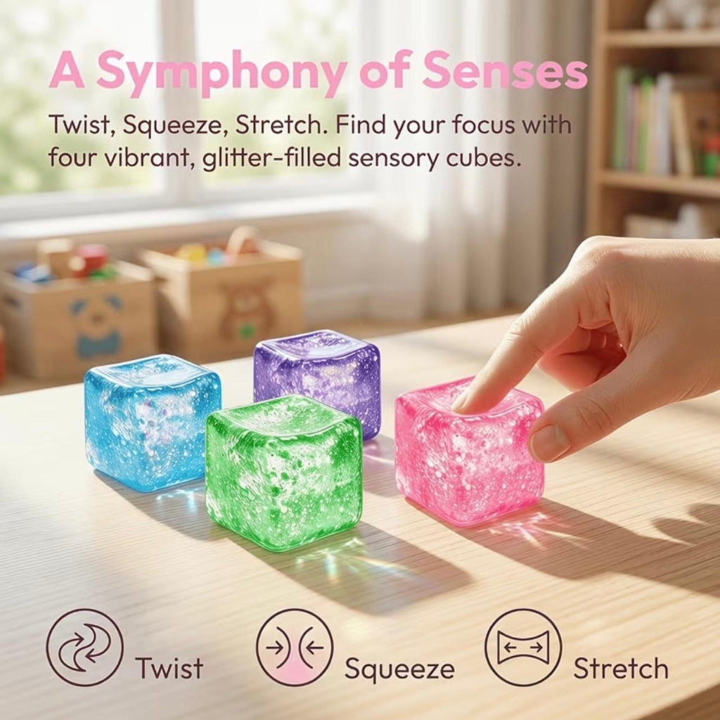 Glitter Stress Relief Squeeze Cube – Soft Sensory Fidget Toy for Kids & Adults