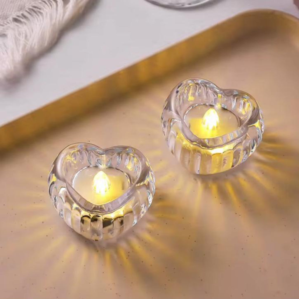 Heart-Shaped Glass LED Candle Holder – Elegant Tea Light Holder with Warm Ambient Glow
