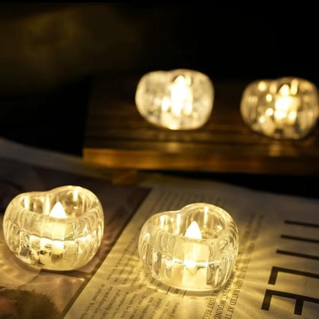 Heart-Shaped Glass LED Candle Holder – Elegant Tea Light Holder with Warm Ambient Glow