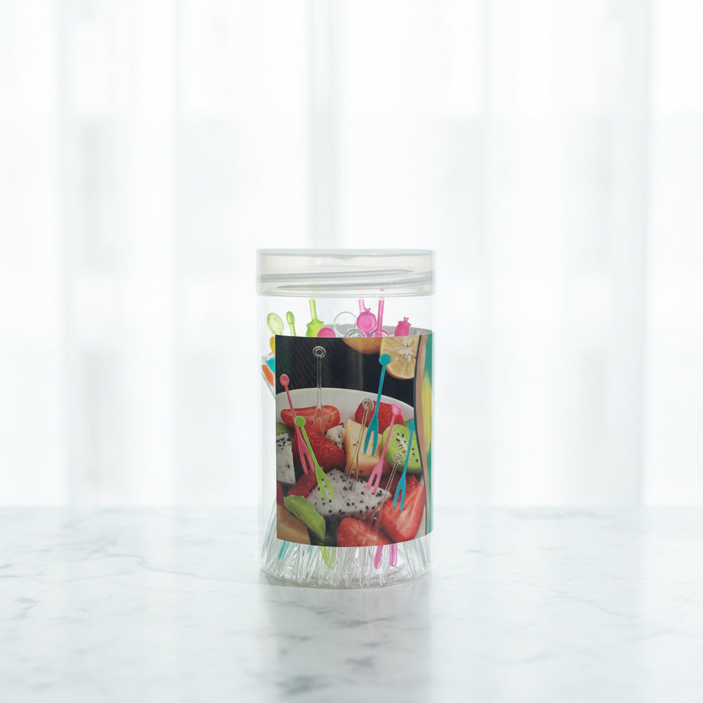Plastic Fruit Stick Set in Storage Jar – Reusable Cocktail & Appetizer Picks for Parties