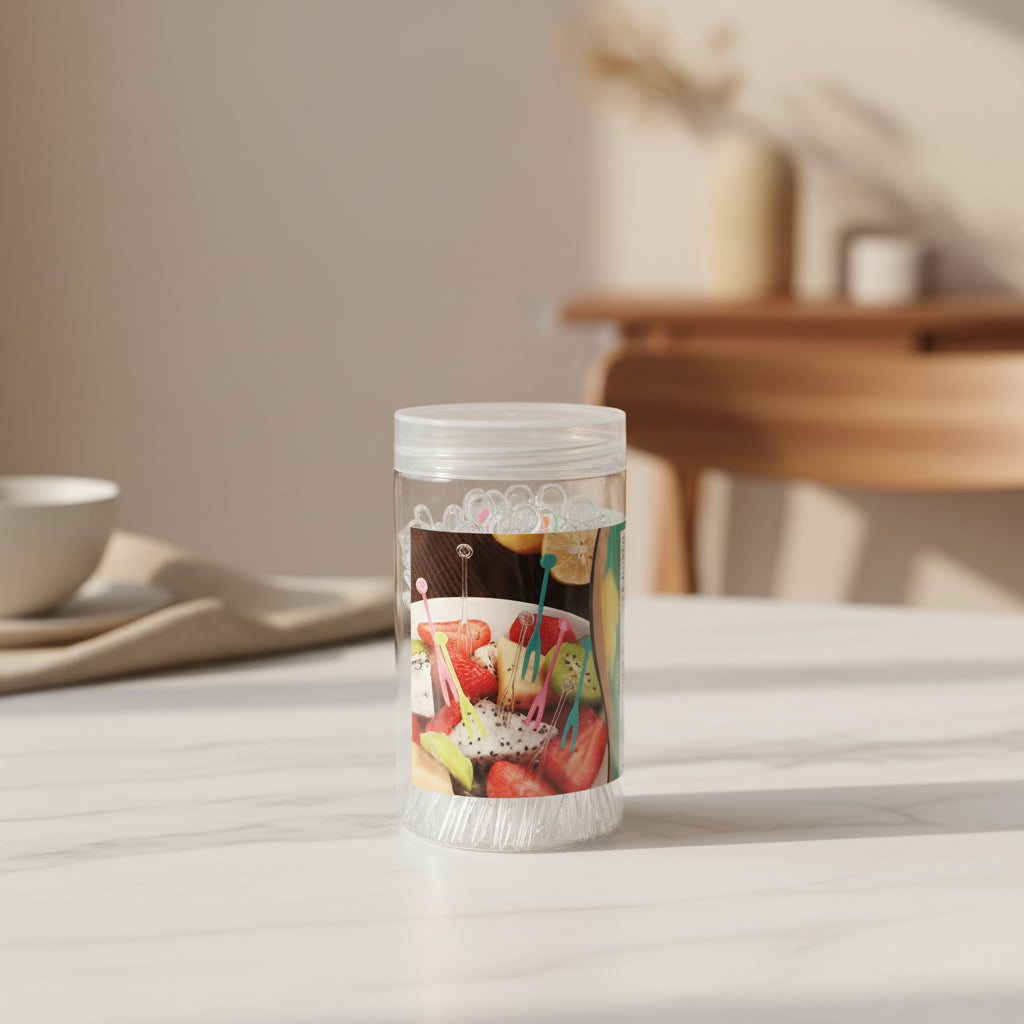 Plastic Fruit Stick Set in Storage Jar – Reusable Cocktail & Appetizer Picks for Parties