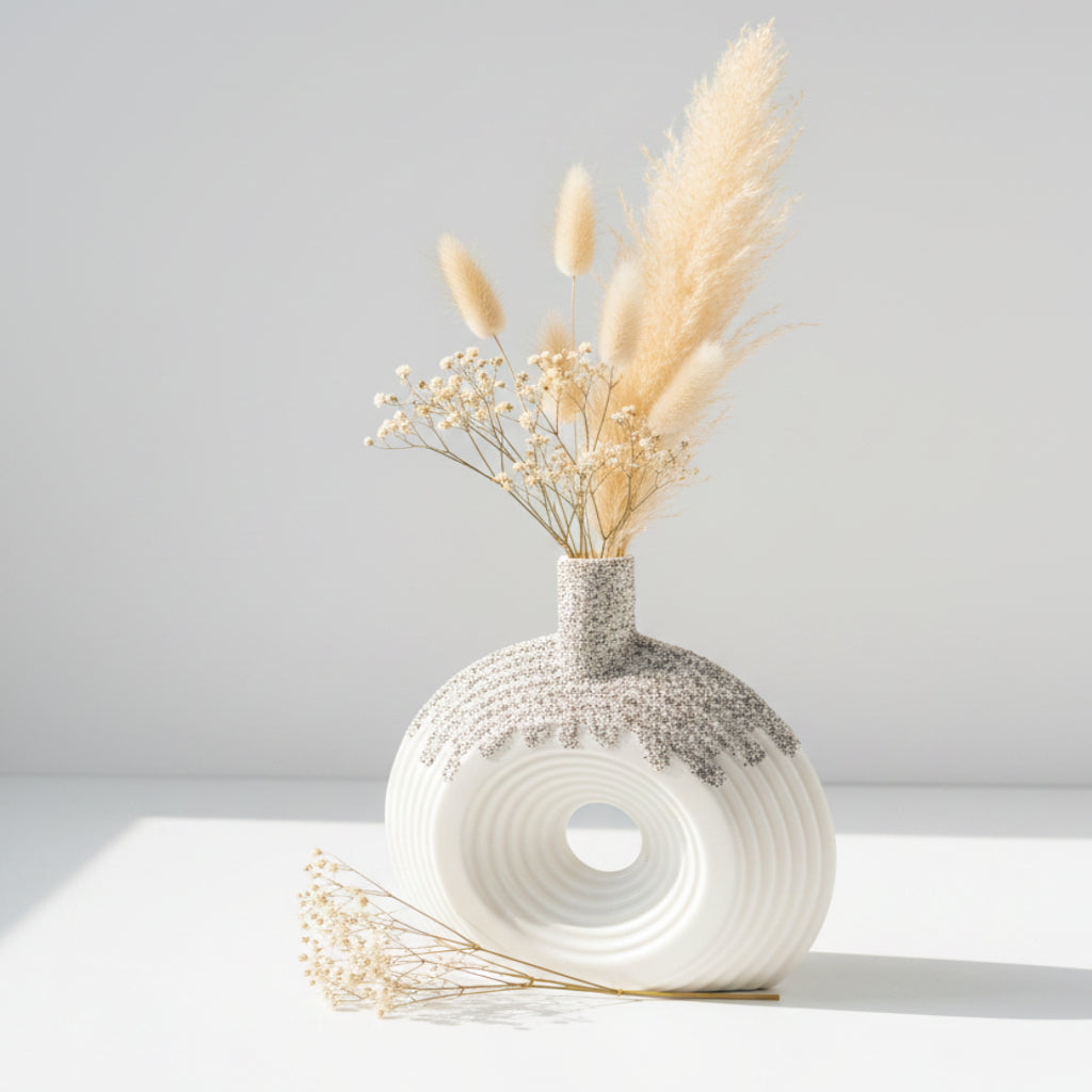 Ceramic Vase – Modern White Ring Vase with Black Speckled Top & Center Hole