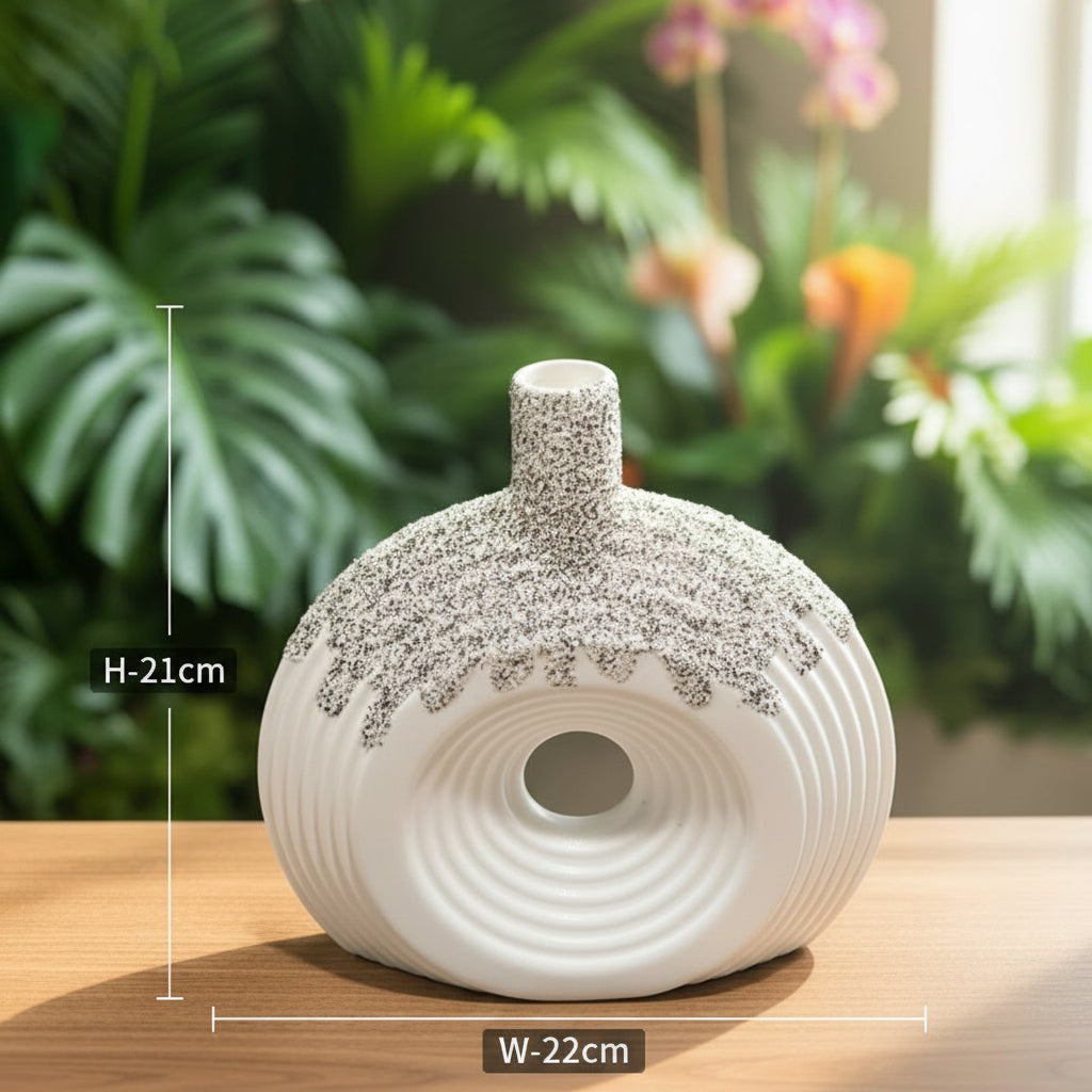 Ceramic Vase – Modern White Ring Vase with Black Speckled Top & Center Hole