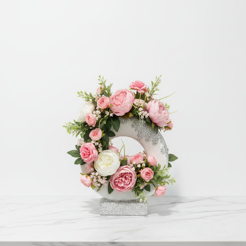 Modern Round Ceramic Ring Vase – White Decorative Donut Vase with Textured Stone Base