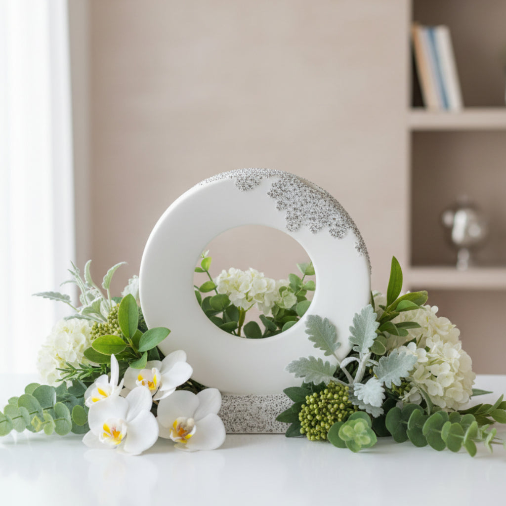 Modern Round Ceramic Ring Vase – White Decorative Donut Vase with Textured Stone Base
