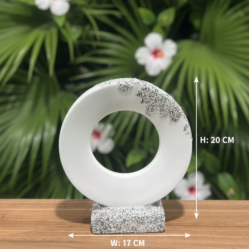 Modern Round Ceramic Ring Vase – White Decorative Donut Vase with Textured Stone Base